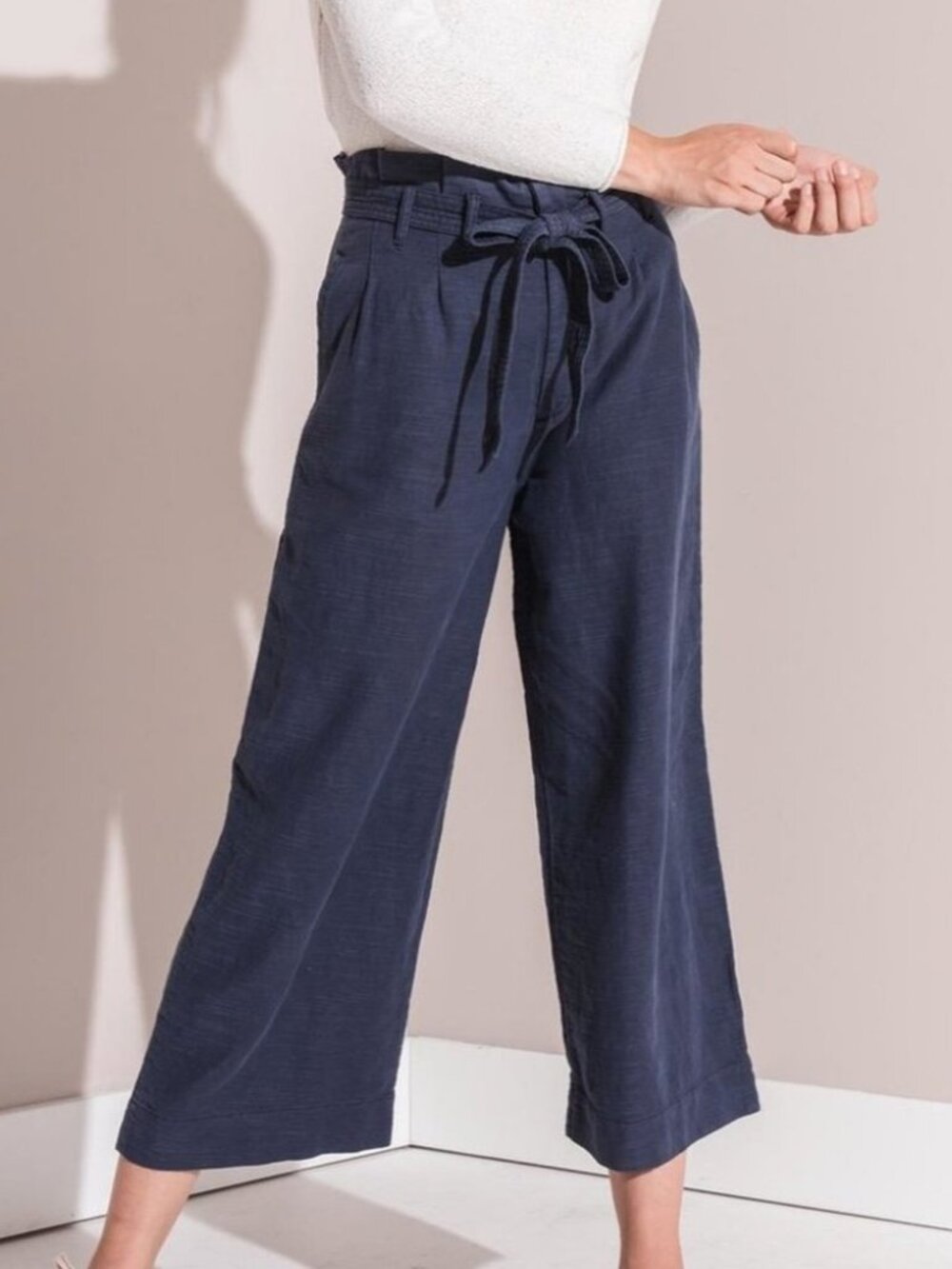 Rag Poets Palmetto Wide Leg Linen Cotton Paperbag Pants Cropped Navy Blue 28